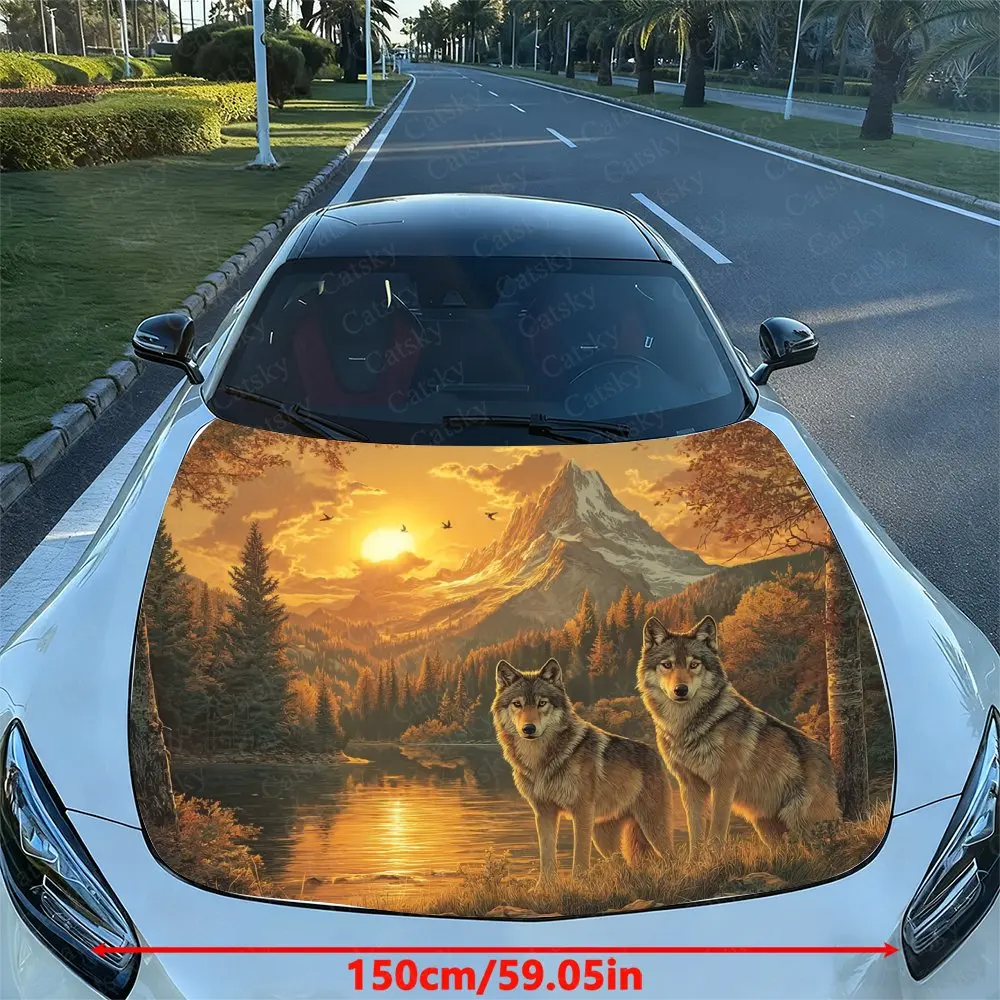 Two Wolves In The Forest Car Hood Sticker, Easy To Install And Remove, Independence Day Car Decoration, Suitable For A-class Sed