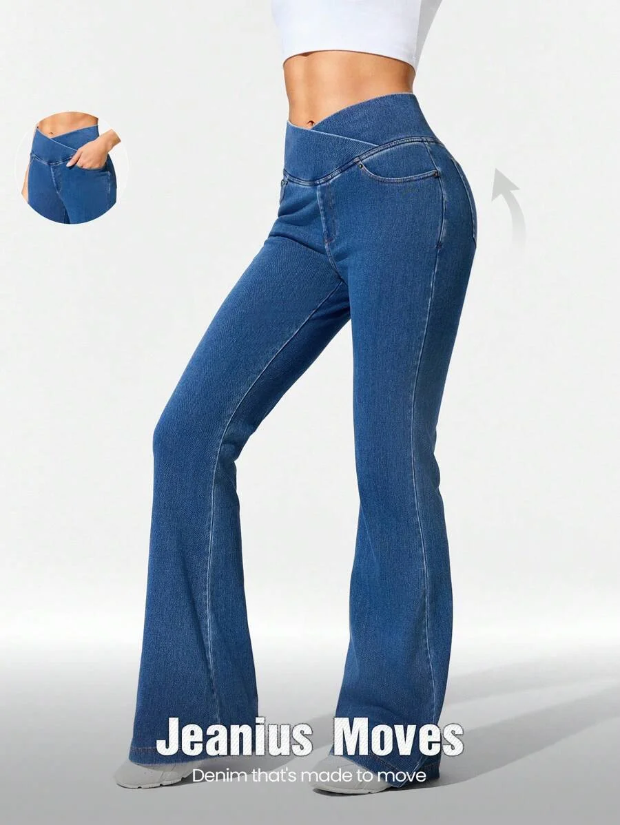 Jeans de Cintura Alta con Corte Cruzado para Mujer, Pantalones Leggings Elásticos Sin Mezclilla, Cintura en Forma de V, Levanta Glúteos, para Gimnasio y Atuendos Casuales