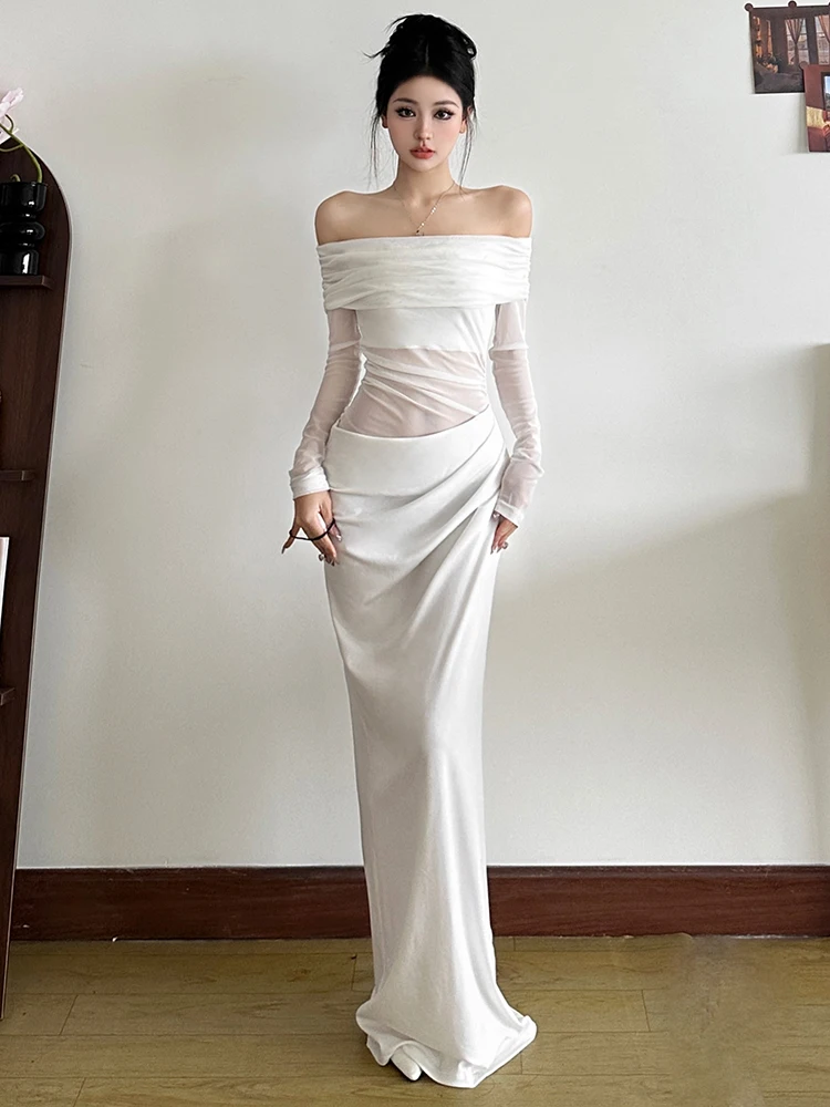 

Sexy Pure Color High Waist Hollow out Long Skirt One oulder Dr Net Splicing Women's Faion Spring Autumn Seasonal Clothing