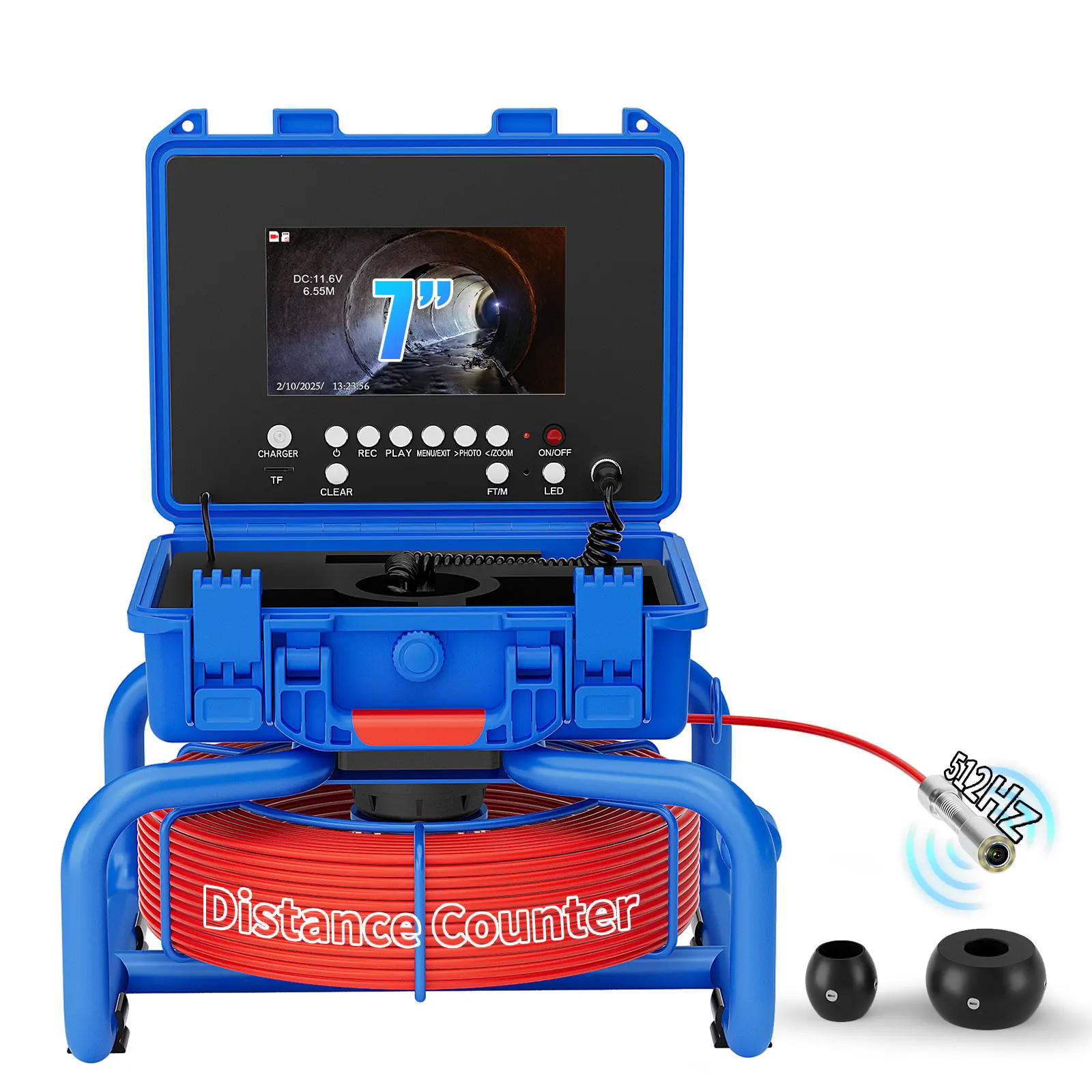 Video Endoscope  Camera 5MM Cable Sewer Pipe Inspection Camera with Meter Counter 512HZ Transmitter 7 inch 20M/30M Waterproof