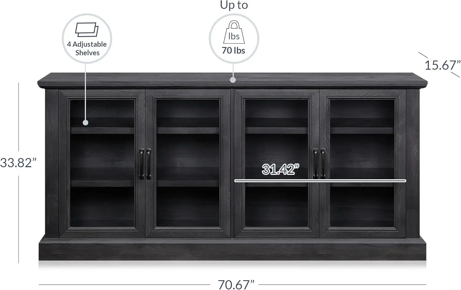 70 Inch Sideboard Buffet Cabinet, Entertainment Center with Storage, Glass Display Cabinet with Adjustable Shelves Console Table