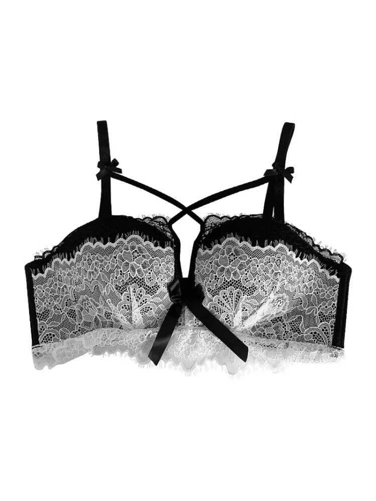 YUQI Conjunto de lingerie elegante de renda estilo japonês – Bralette sem fio para busto pequeno, elevador e suporte fino com cobertura anti-flacidez