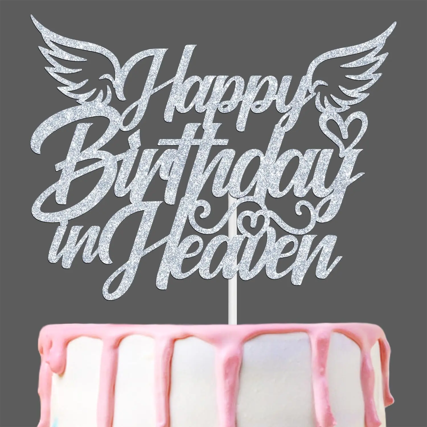 1 PC Sliver Happy Birthday in Heaven Cake Topper, Heavenly Angel Wing Funeral Anniversary Party Decorations