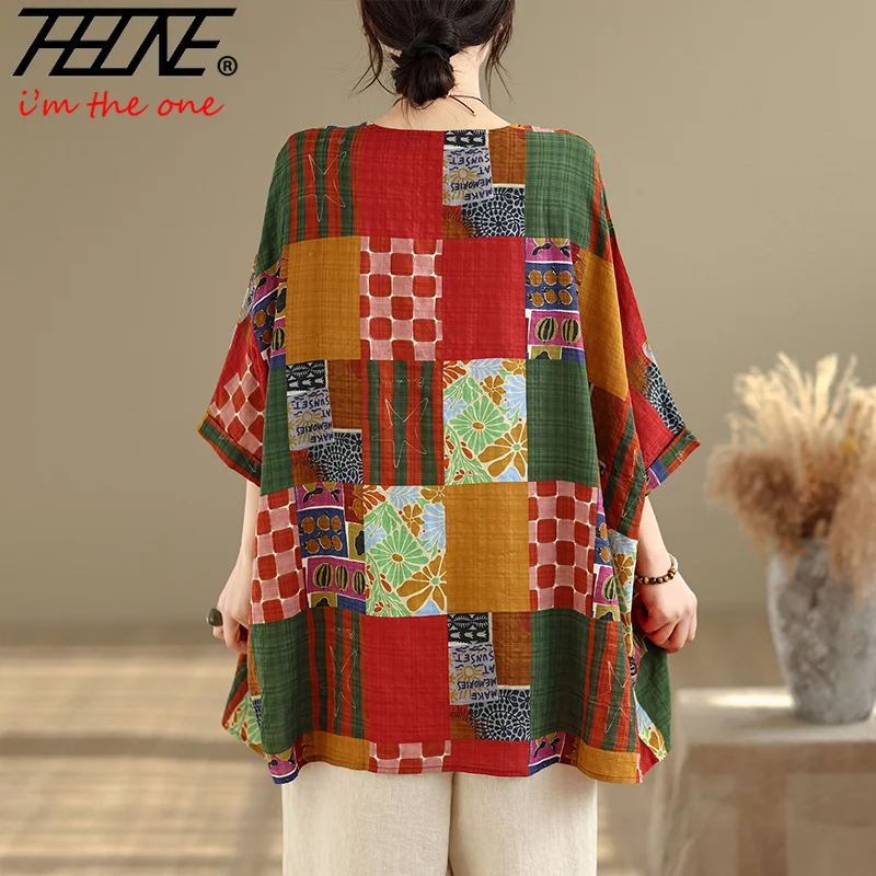 THHONE Women Shirts Print Loose Plus Size Cotton Linen Blouse Fashion Casual Indie Folk Batwing Sleeve O Neck Blusa Mujer Top image 3