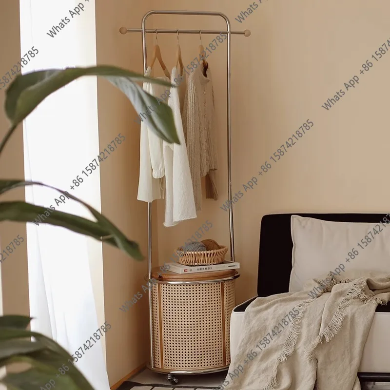 Solid wood rattan storage floor-to-ceiling bedroom bedside table, clothes hanger, hat rack, integrated movable storage, dirty cl
