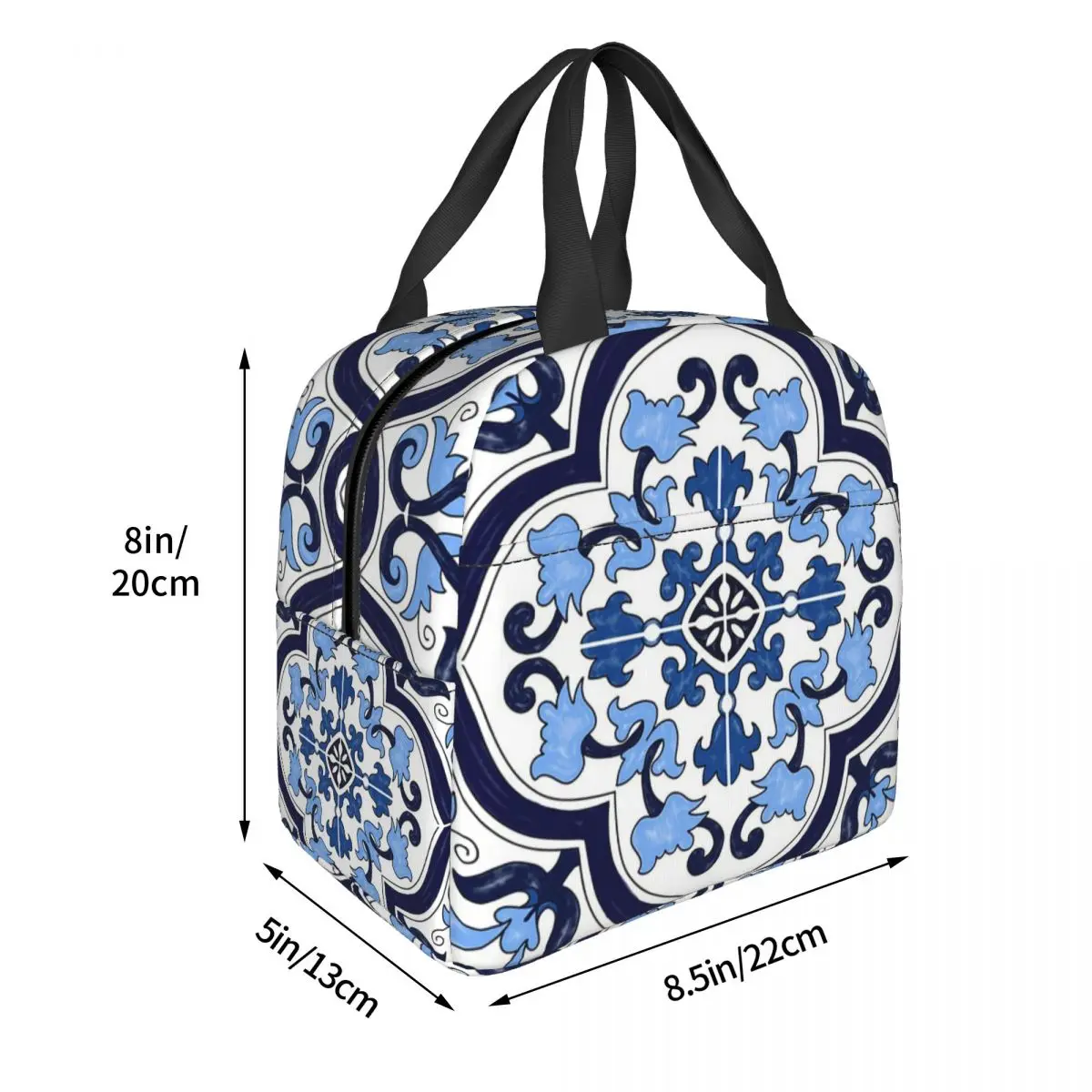 Blue Ornate Floral Mediterranean Sicilian Tile Lunch Bags Insulated Bento Box Portable Lunch Tote Picnic Bags Thermal Bag