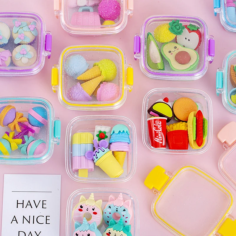 Creative Lunch Box Eraser Set Various Lovely Eraser Soft Pencil Eraser School Students Stationery Supplies Exquisite Prize Gifts
