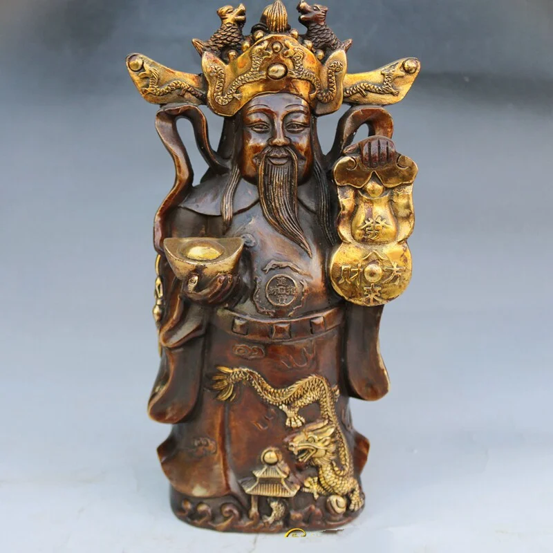 Solid Brass Gold Gilt Cai Shen Wealth God Statue Holding Ingot Money Bag Feng Shui Prosperity Home Office Decor Gift