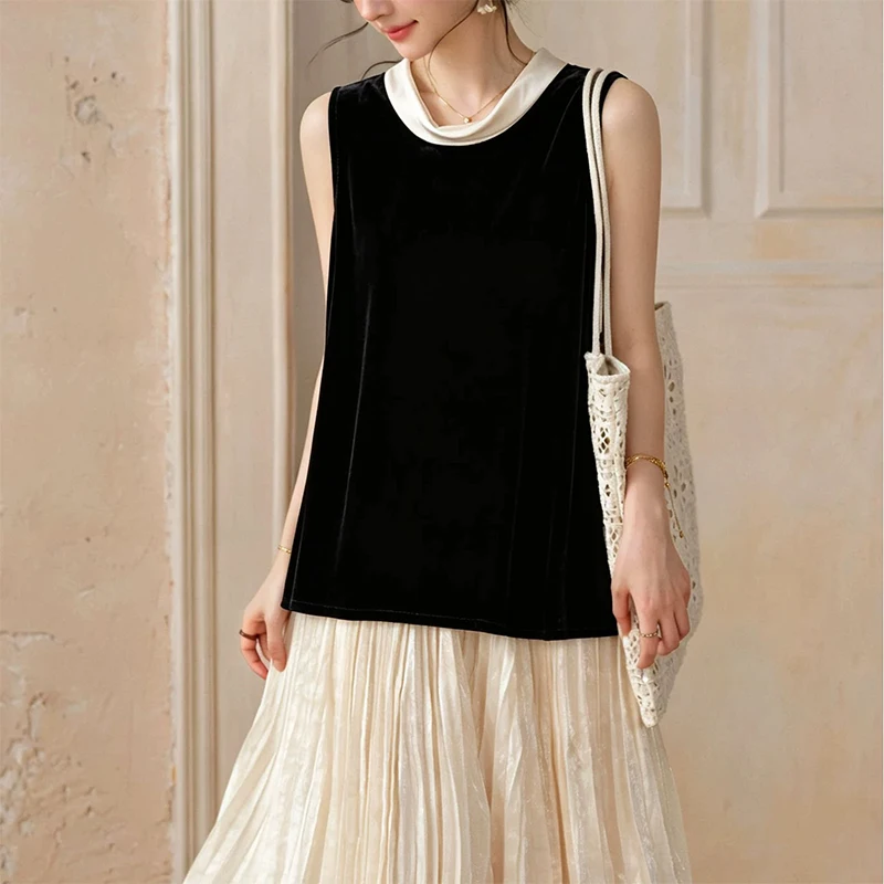 100% Mulberry Silk Lining Velvet Silk Loose Type Black Color Women Vest Tank Top 2026 Autumn M1756