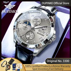Oupinke-メンズラグジュアリー自動巻き時計,レザーストラップ,耐水性クロノ,ムーンフェイズ,オートデート,限定,3300