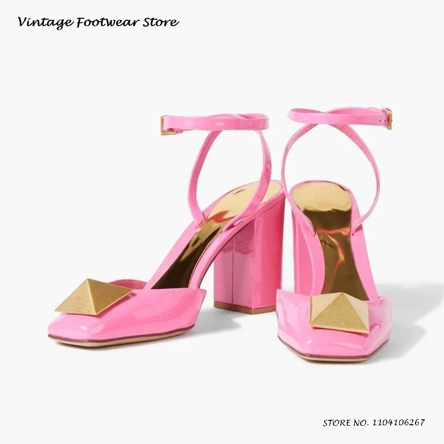 

One Stud Patent Leather Sandals Square Toe Chunky Heel Catwalk Runway Shoes Women's Summer Fashion Buckle Strap Party High Heels