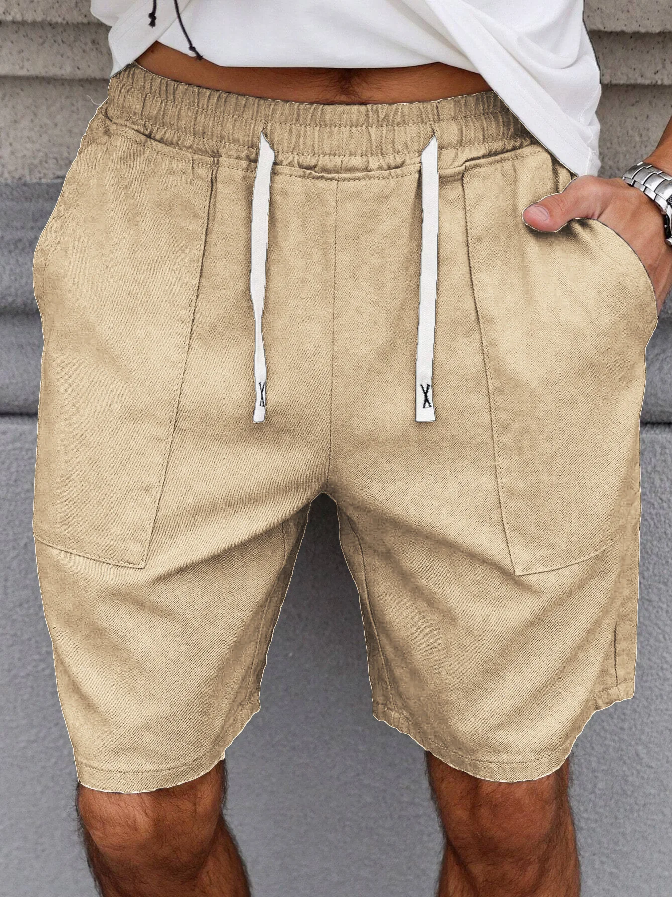 Sommer Herren Retro Amerikanischer Stil Shorts mit Kordelzug Lässige Hosen Einfarbig Trendige Mittellange Herrenshorts – Detail 5
