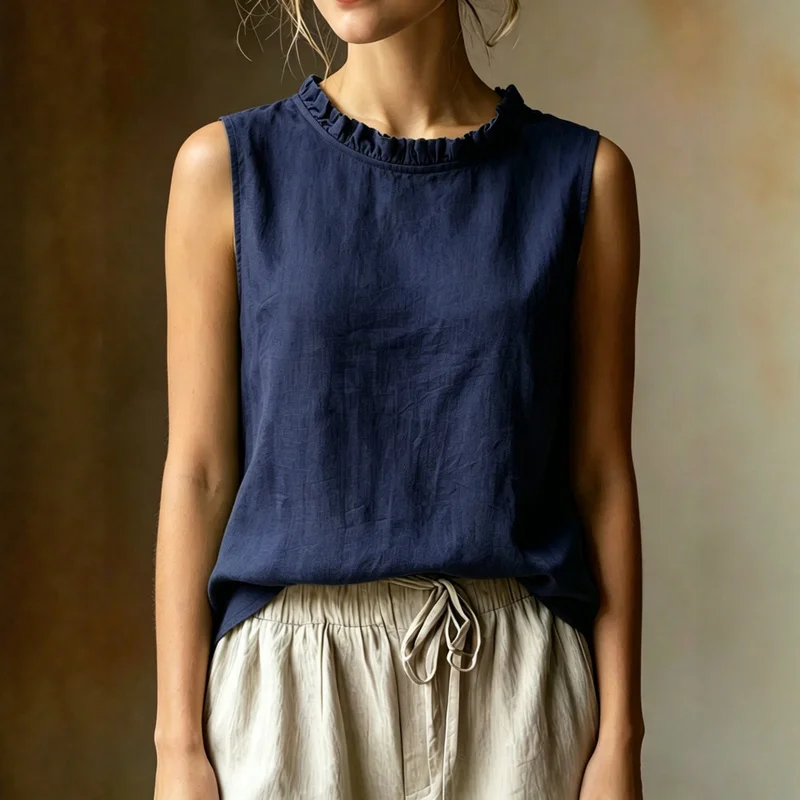 QICHE Women 2026 Sleeveless Blouse Crew‑Neck Silhouette With Ruffle‑Trim Loose‑Fit Detail