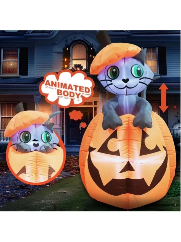 1,50 m hohe animierte Katze, aufblasbare Halloween-Deko auf Kürbis, für den Außenbereich, aufblasbare Gartendeko, Geschenk.