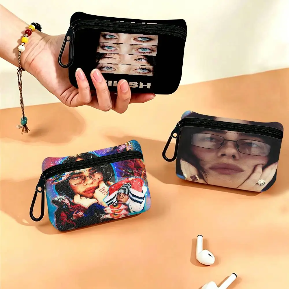 Hot Singer B-Billie E-Eilish Compact Oxford Cloth Coin Purse Detachable Carabiner Hook Portable Key Card Organizer Pouch