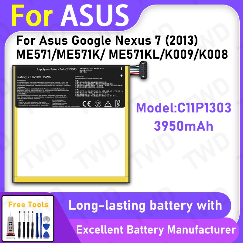 100% New 3950mAh C11P1303 Battery For Asus Google Nexus 7 (2013)/ME571 Replacement Bateria+Free Tools
