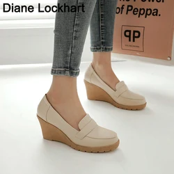 Donne zeppe mocassini donna Casual PU scarpe in pelle ufficio lavoro scarpe da barca classici tacchi alti pompe piattaforma femminile 2023