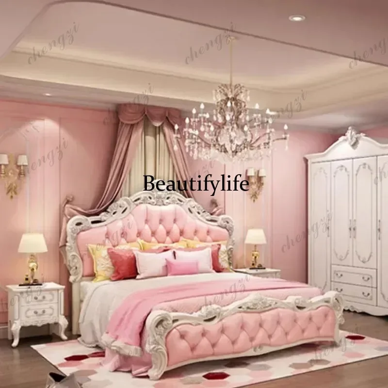 C45  Faux Leather Modern Double Bed Headboard Luxury Storage Platform King Size Bed Frame Wood Castle Letto Matrimoniale