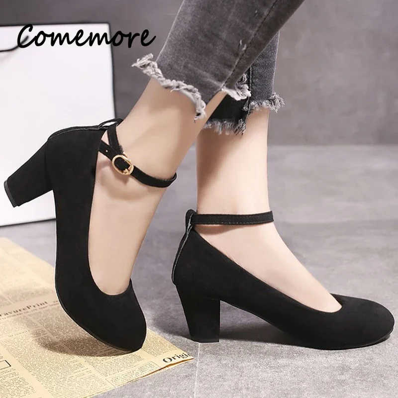 Comemore Dress Shoes Pink Woman Thick Heel Office Ladies Footwear Flock Ankle Strap Pumps Women 2024 Pink Round Toe High Heels