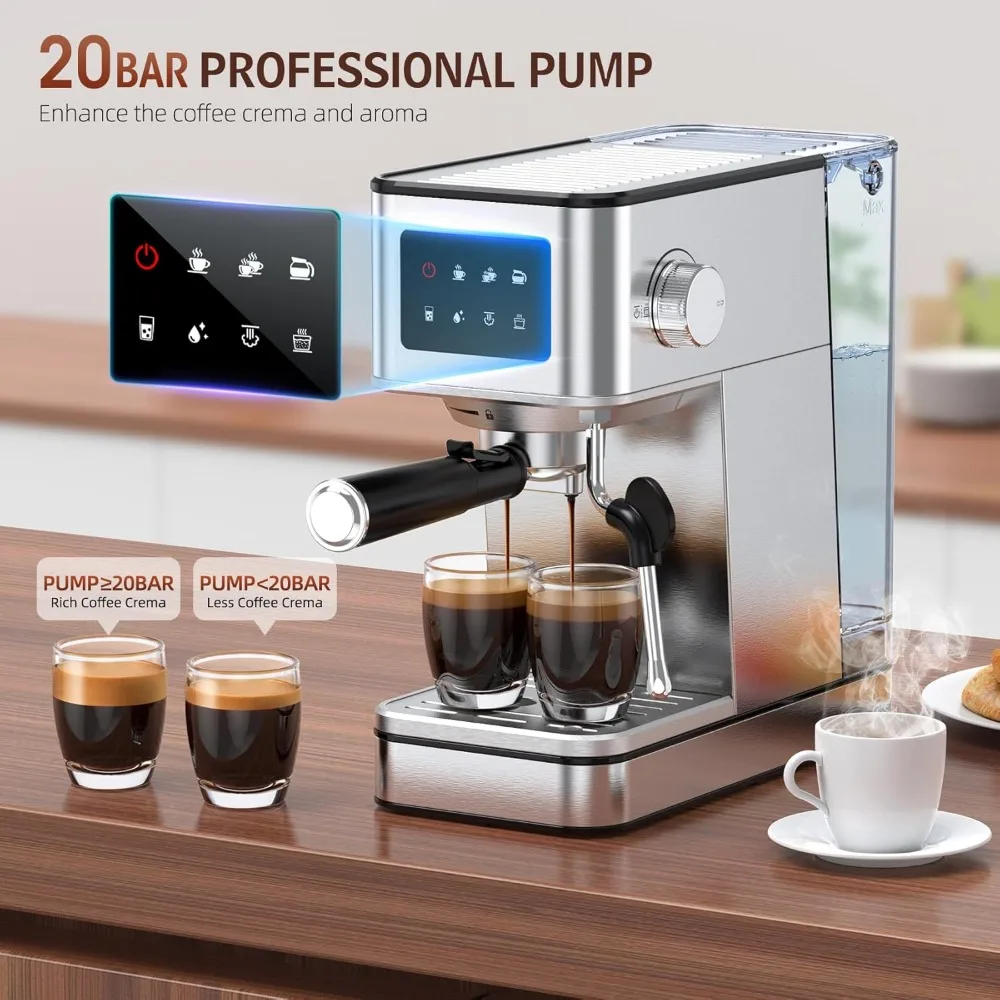 Compact Espresso Machine with Milk Frother 20 Bar Pump Stainless Steel Coffee Maker for Cappuccino Latte Touch Screen 57.5oz