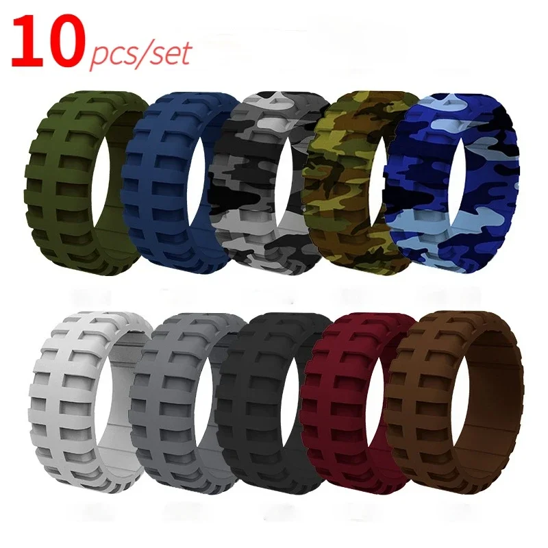 10pcs Rings Set Mens Tackie Tire Tyre Modelling Sports-Style Silicone Ring Outdoors Working Jewelry For Men Male