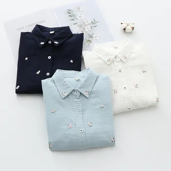 2024 İlkbahar Sonbahar Yeni Taze Pamuk Ipliği Bayanlar Uzun Kollu Gömlek Çiçek Işlemeli kadın Rahat Gömlek Kadın Bluz Elbise