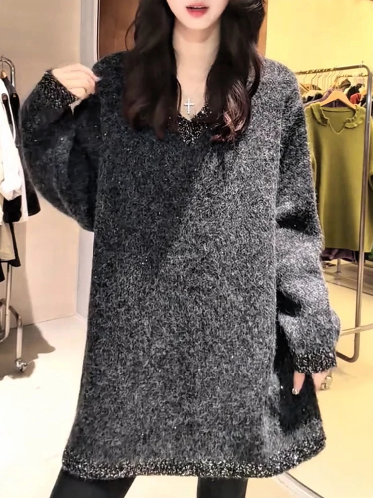 

Свитер с пайетками и V-образным вырезом, больших размеров, универсальный, стройнящий, для осени и зимы, модный, теплый, с длинными рукавами, для повседневной носки