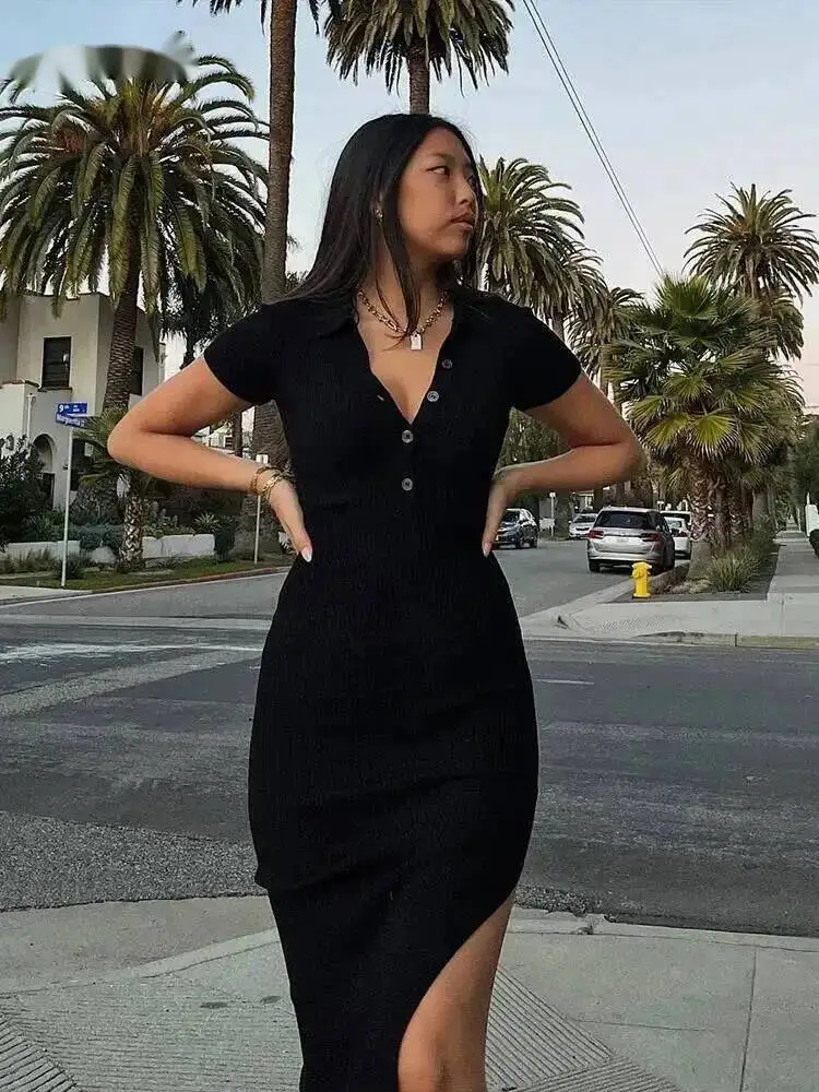 Elegant Office Lady Maxi Jurk Dames Effen Mode Turn-down Kraag Korte Mouw Knop Zijsplit Lichaamsvormende Straat Gewaad RTH1