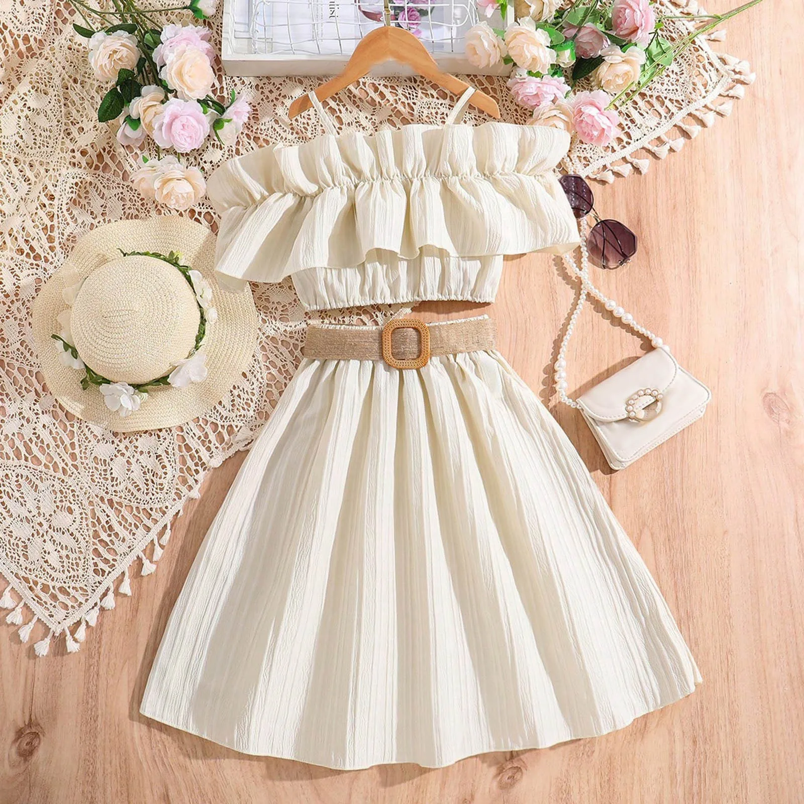 

7-12Y Summer Fashion Clothes Sets For Kids Girls Ruffles Halter Off Shoulder Tops+Belted Skirts Formal Party Toddler Clothes