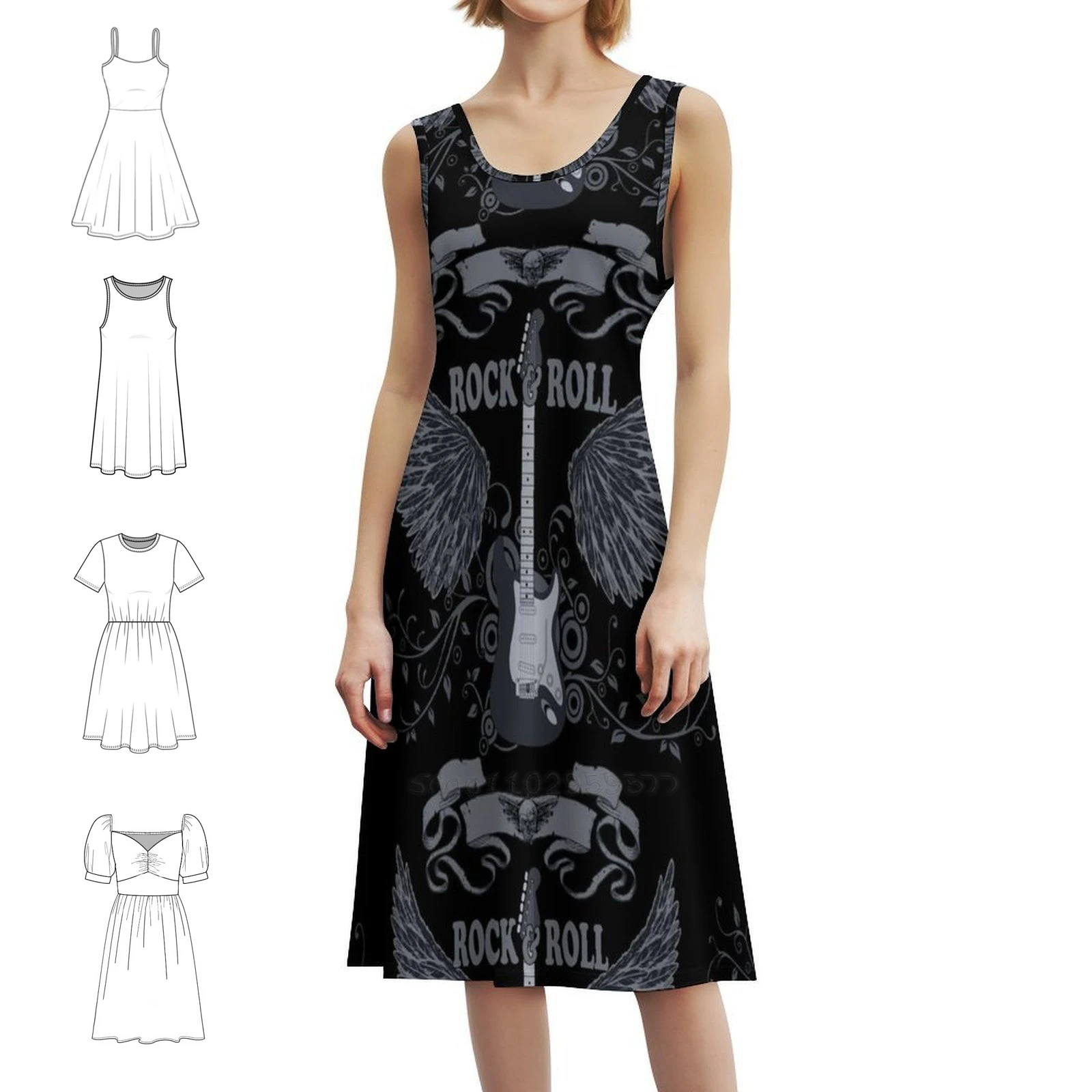 Rock N Roll Bohemian Sleeveless Dress Multi-Print Beach Vacation Party Dress N Roll Music And Roll Guitar Punk Retro Female