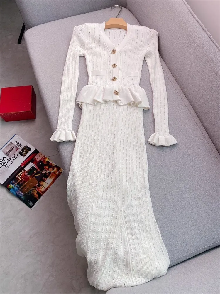 Quality Autumn Winter Knitted Sweater Dress Women Diamonds Button Fake Two Piece Set Ruffles Long Sleeve Maxi Evening Vestidos