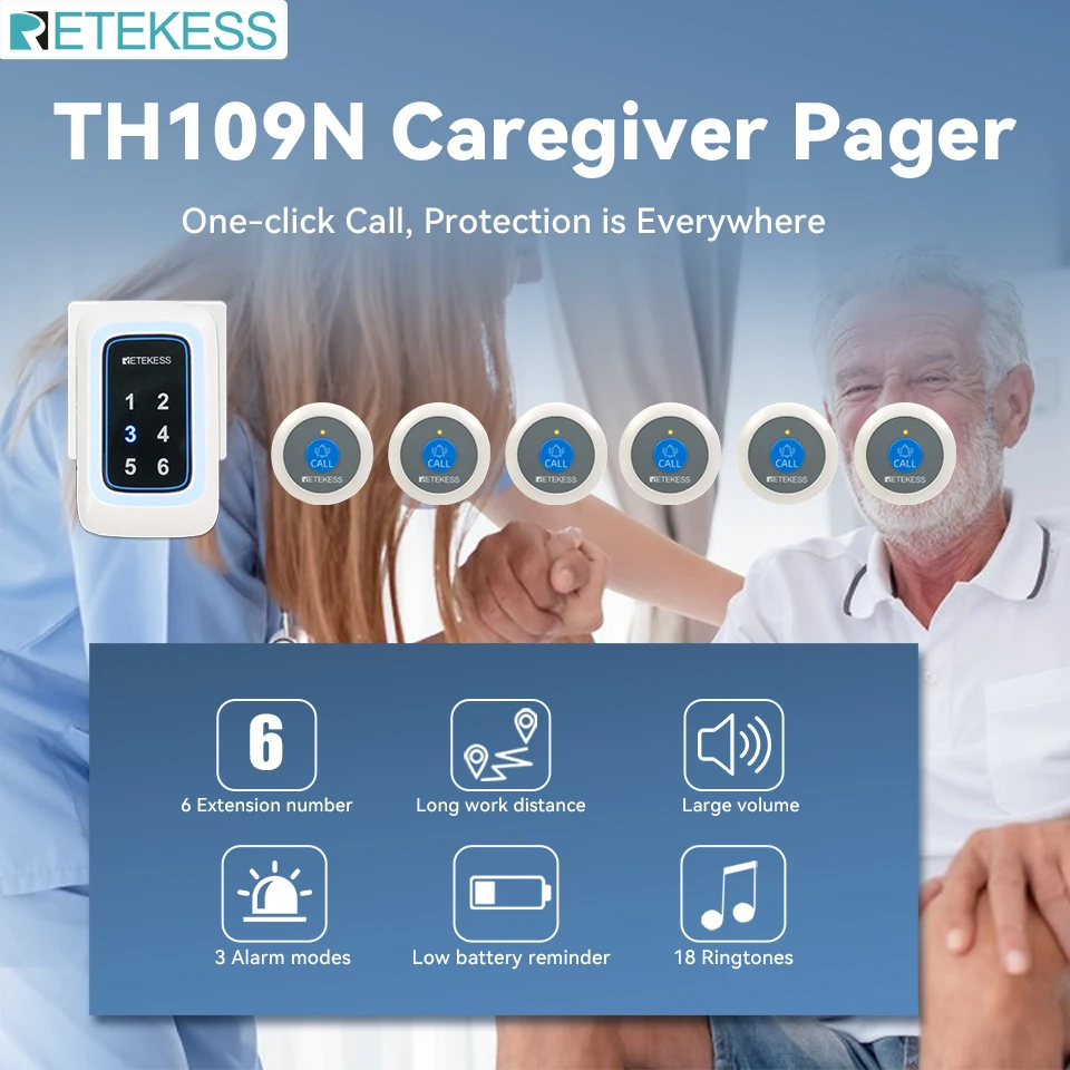 Retekess TH109N Nurse Call System Caregiver Pager Plug-in Receiver Panic SOS Buttons For Elderly Home Care Patient Nursing Home