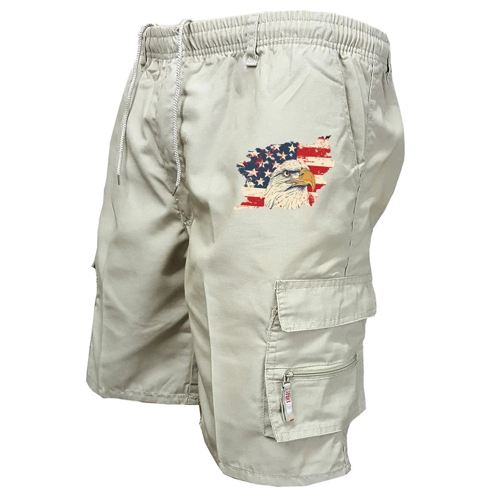 Men's Cargo Shorts Vintage American Flag Eagle Print Elastic Waist Drawstring Multi Pocket Casual Summer Short Pants