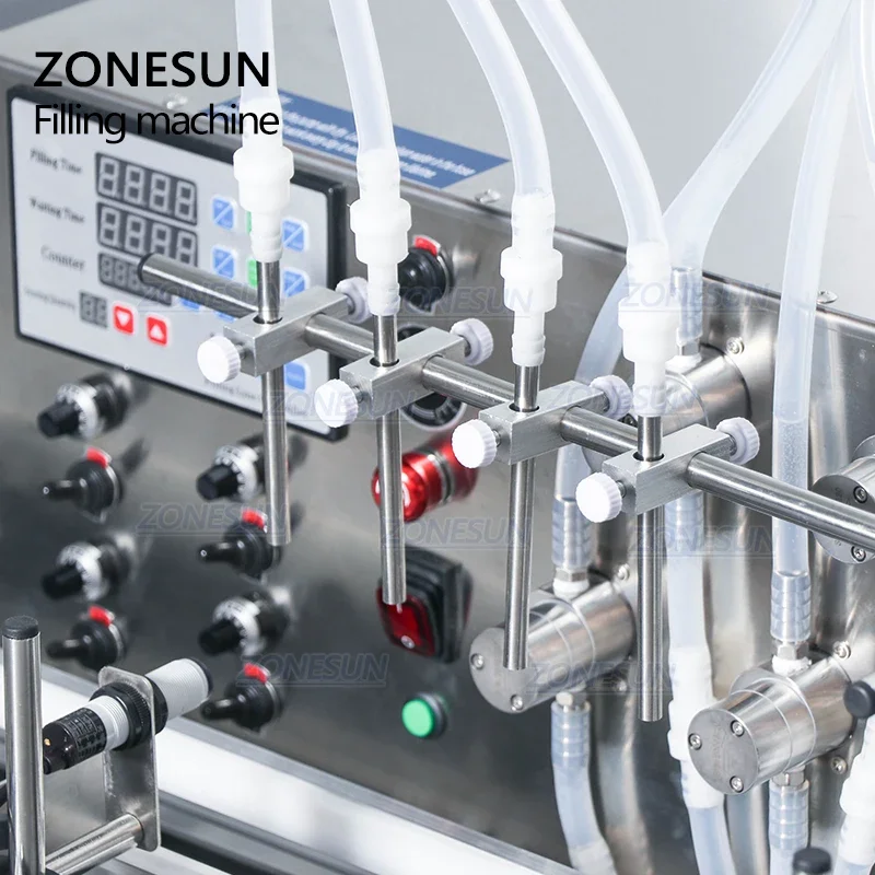 ZONESUN 4 Nozzles Magnetic Pump Automatic Desktop CNC Liquid Water Filler With Conveyor For Perfume Alcohol Hydrogen Peroxide