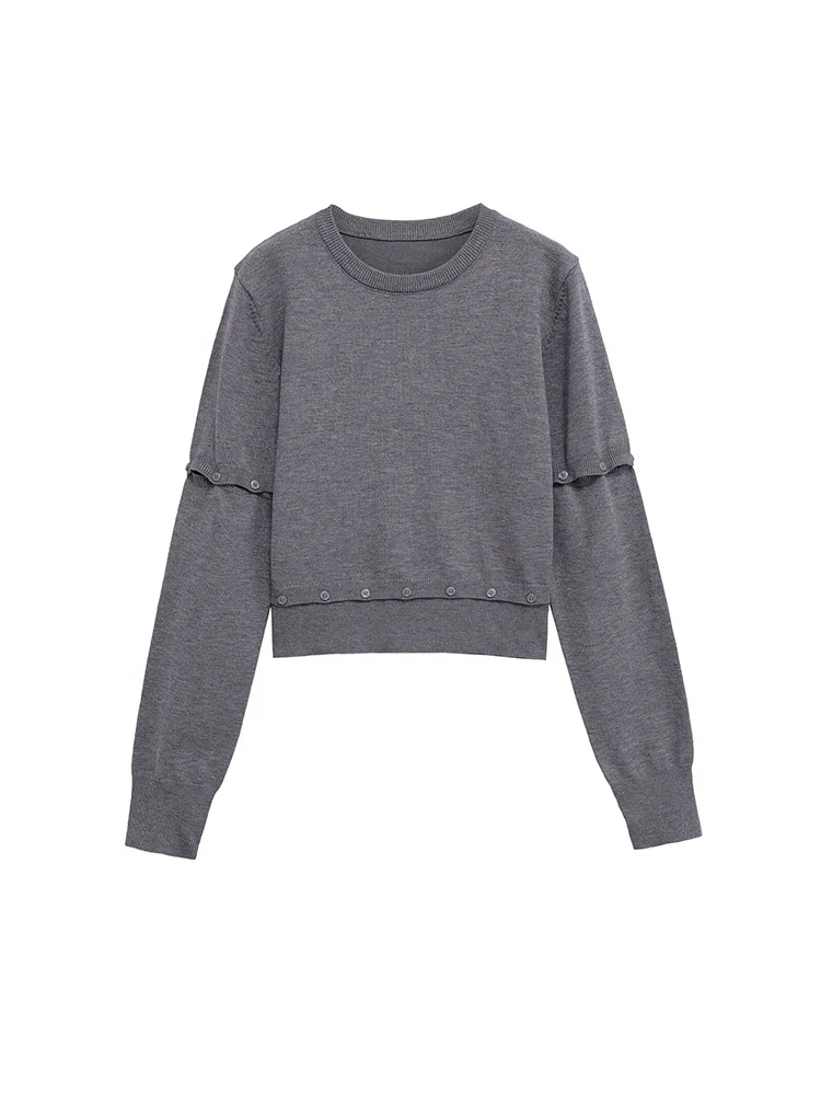 

European and American style 2025 autumn new arrivals women's clothing button-detachable round neck long-sleeved sweater
