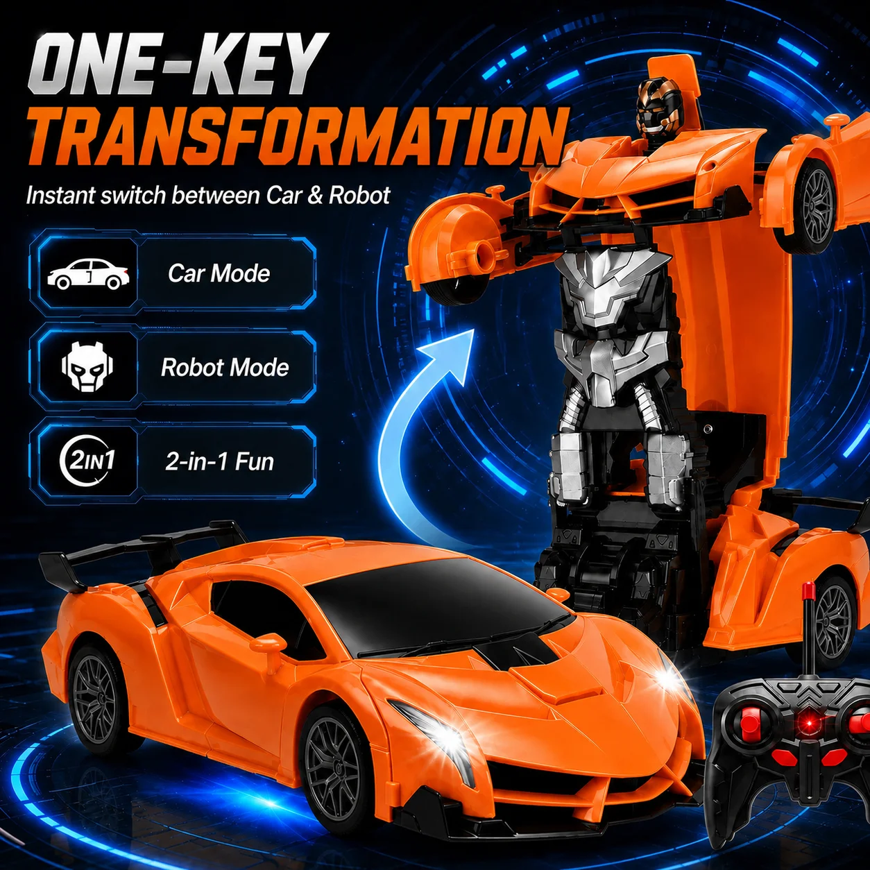 2.4GHz RC Transforming Robot Car Toy One Key Deformation Drift Racing Car LED Lights Sound Remote Control Vehicle for Boys Girls