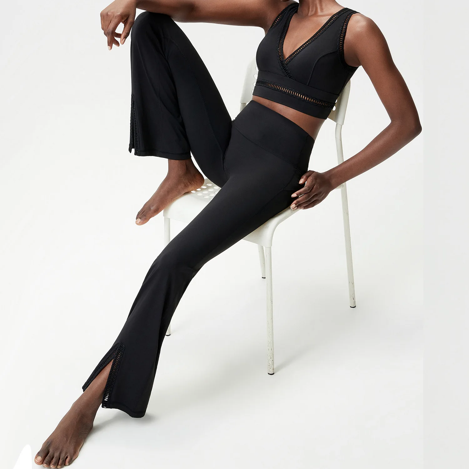 New Women Yoga Leggings High Waist Split Flare Hollow Stitch Trim Hem Tummy Control Stretch Quick‑Dry Gym Pilates Workout Pants