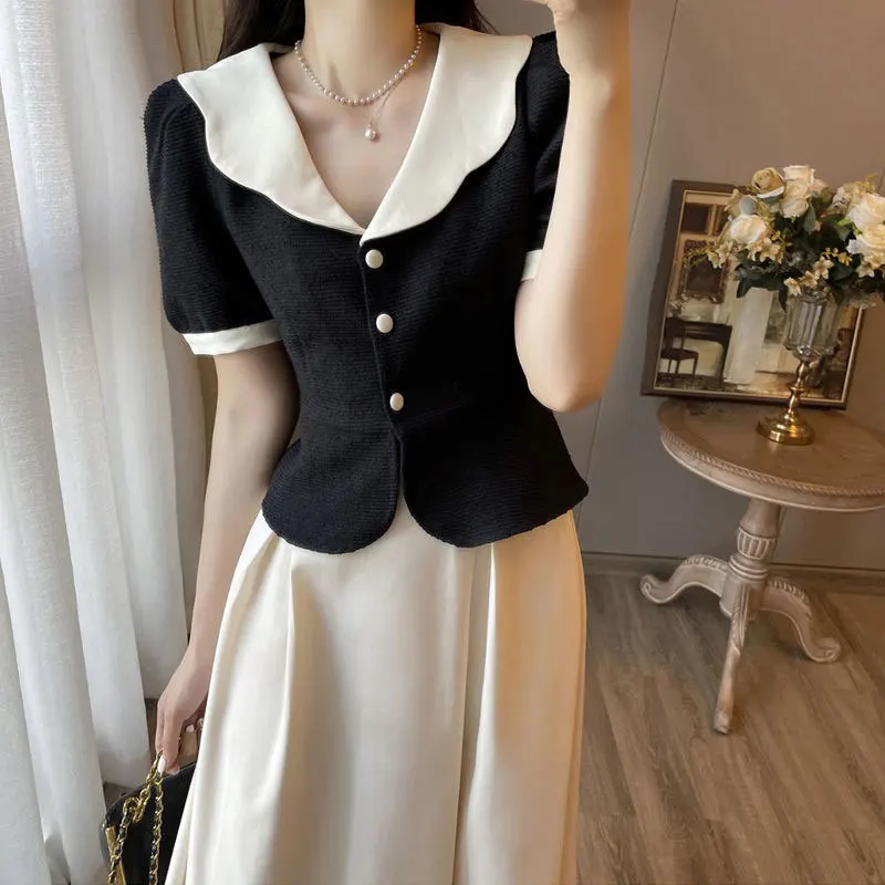 Summer Elegant Women Skirt Sets Retro Office Lady Outifits Puff Sleeve Black Top A Line Skirts Korean Fashion Sweet Hepburn Suit