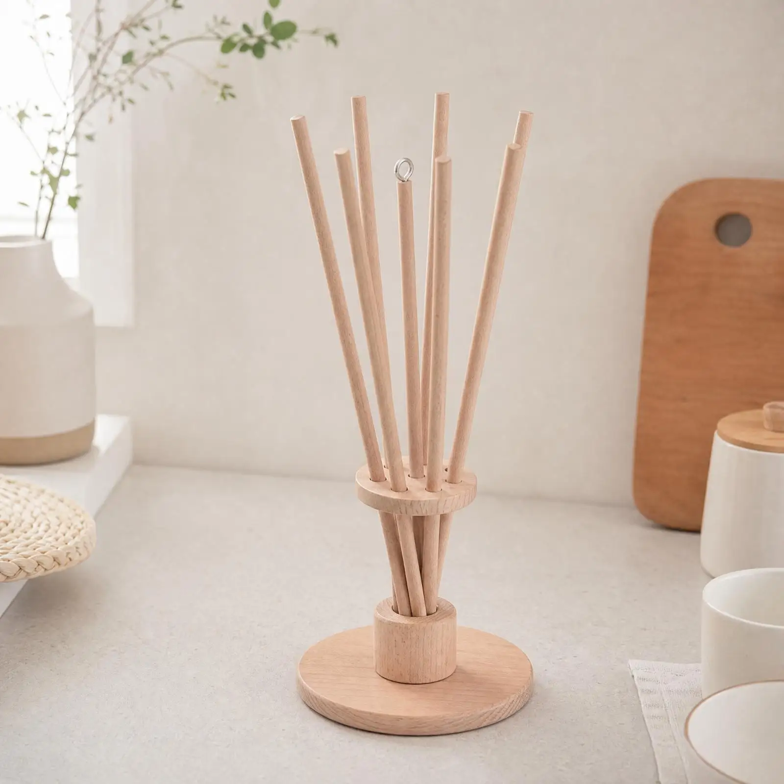 Beechwood Countertop Cup and Mug Drying Rack Natural Wood Wooden Peg Cup Drying Rack Round Base Wooden Mug Stand Freestanding
