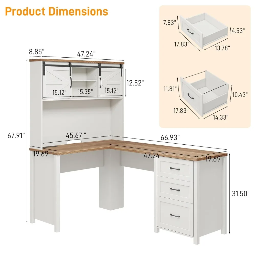 

Farmhouse 68" H L Shaped Desk with Hutch, Office Table with 3 Drawers and Sliding Doors, Executive Desk, Customized