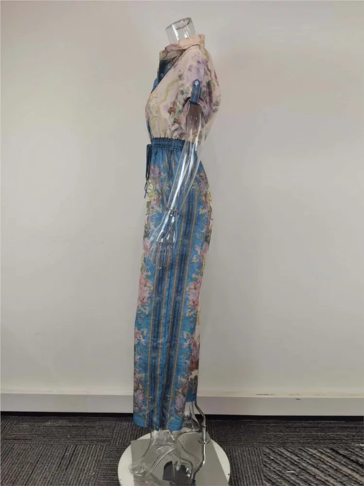 بذلة نسائية أنيقة للربيع والصيف للتنقل، أزياء مطبوعة وطية صدر السترة وأكمام قصيرة وخصر عالٍ، بدلة قفز فضفاضة واسعة الساق