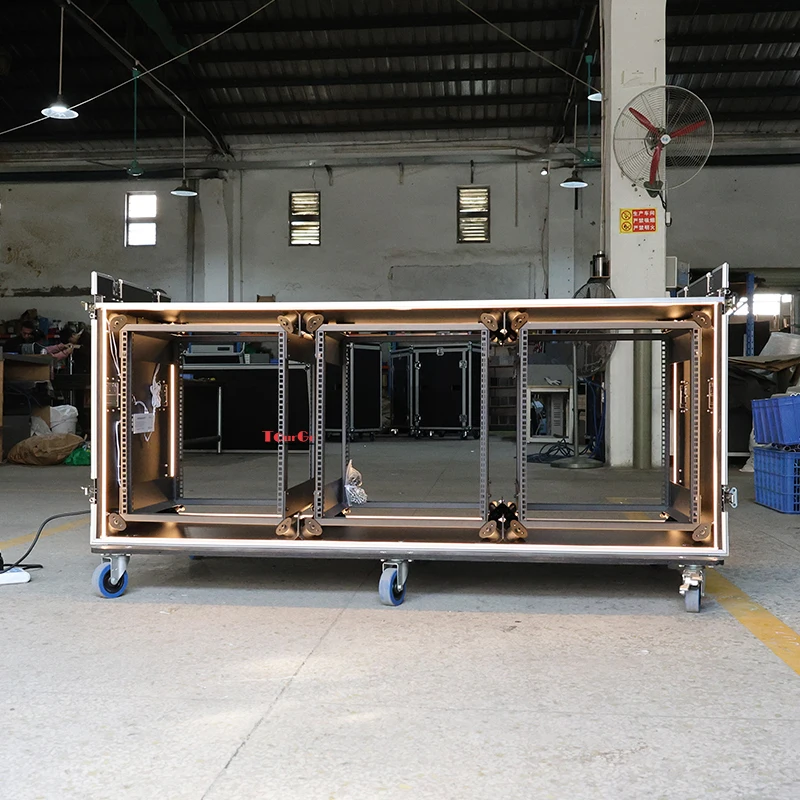 3 X 12U (12 Space) PA/DJ Shock Mount Rack/Road ATA Case With Work Bench and LED Rope Light
