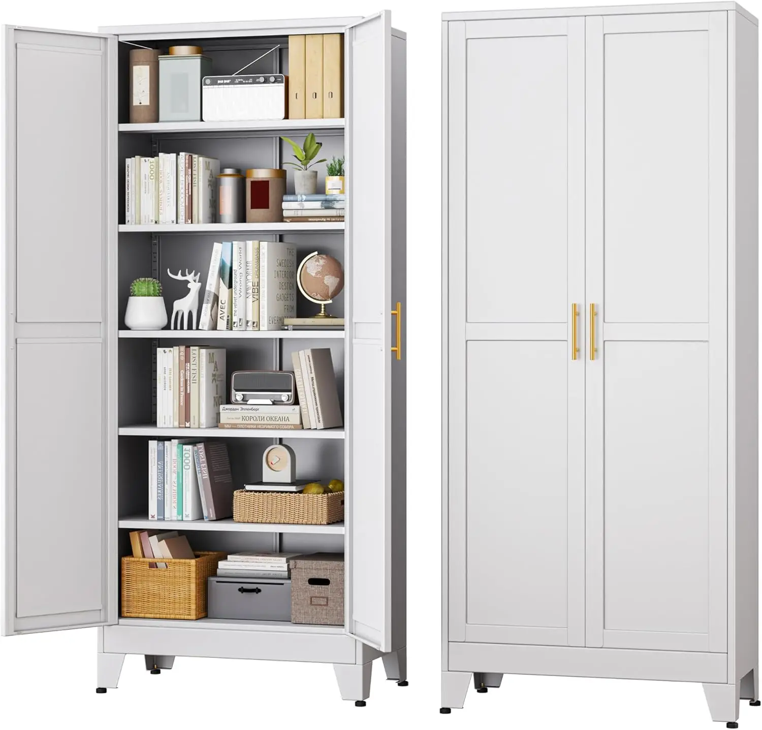 

White Metal Storage Cabinet,75"" Steel File Cabinet For Home Office, Kitchen Pantry Storage Cabinet With Doors And 5 Adjustable