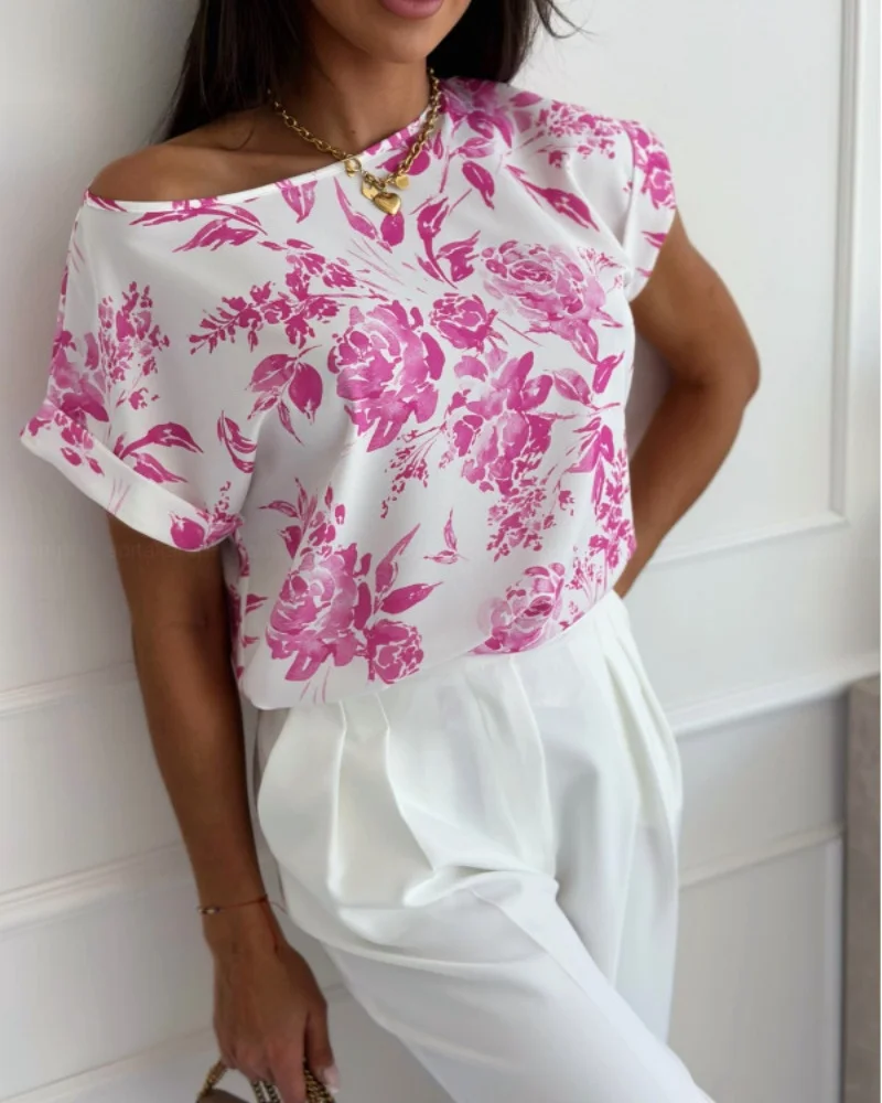 Chic Floral Print Boat Neck Short Sleeve Blouse With Rolled Cuffs And Loose Fit For Casual Daily Wear And Summer Outings