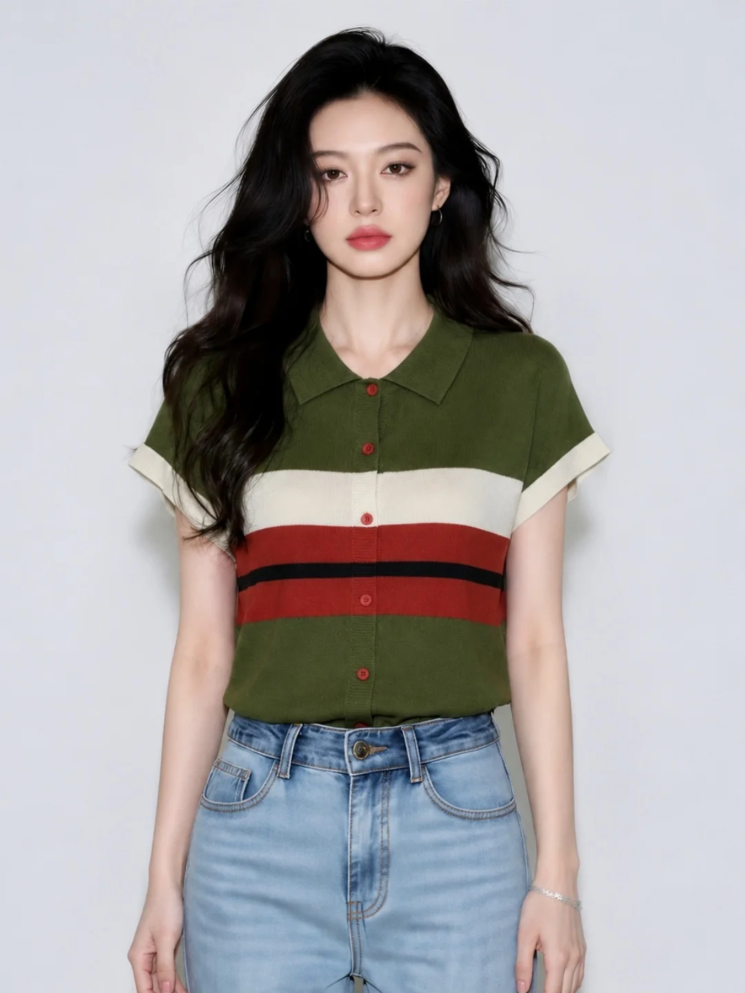 Summer 2026 Ice Silk Knitted Top Single Button Loose Slimming Versatile Fashion Color Block Collar Long Sleeve Women's Sweater