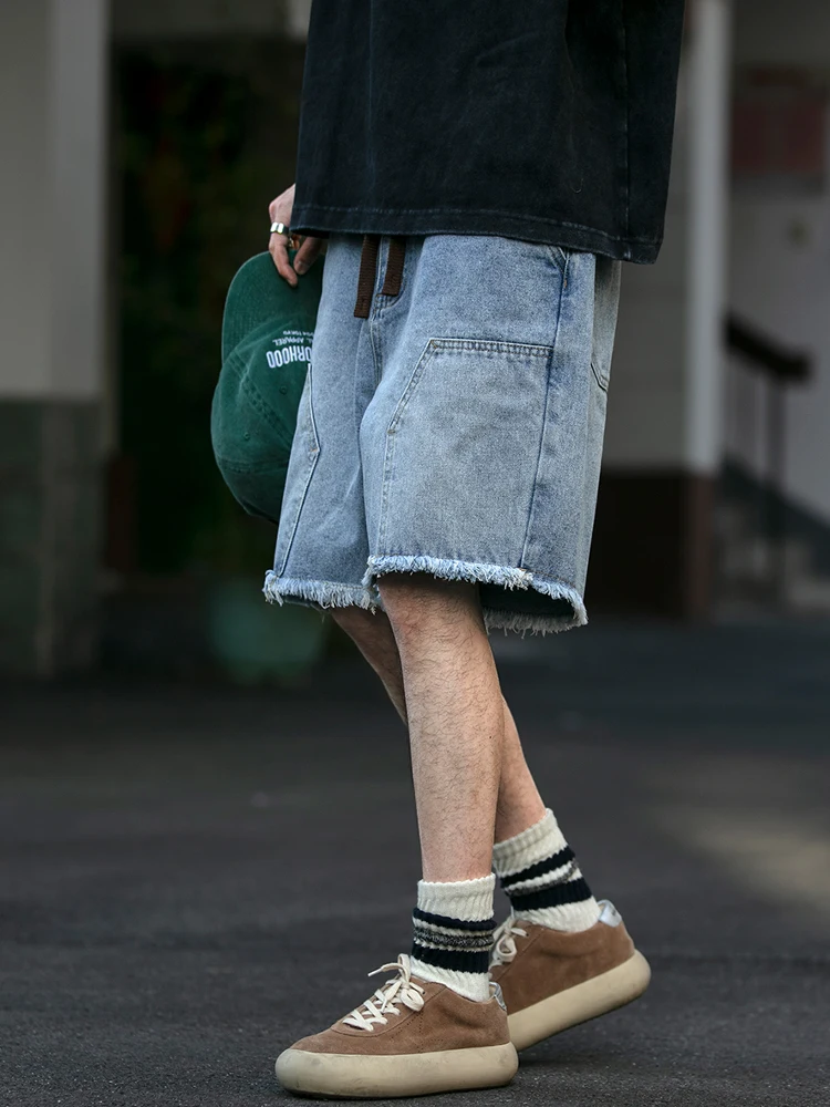 Summer American Streetwear Raw Edge Denim Shorts For Men Clothing Harajuku Casual Jeans Korean Fashion Hip Hop Shorts Male