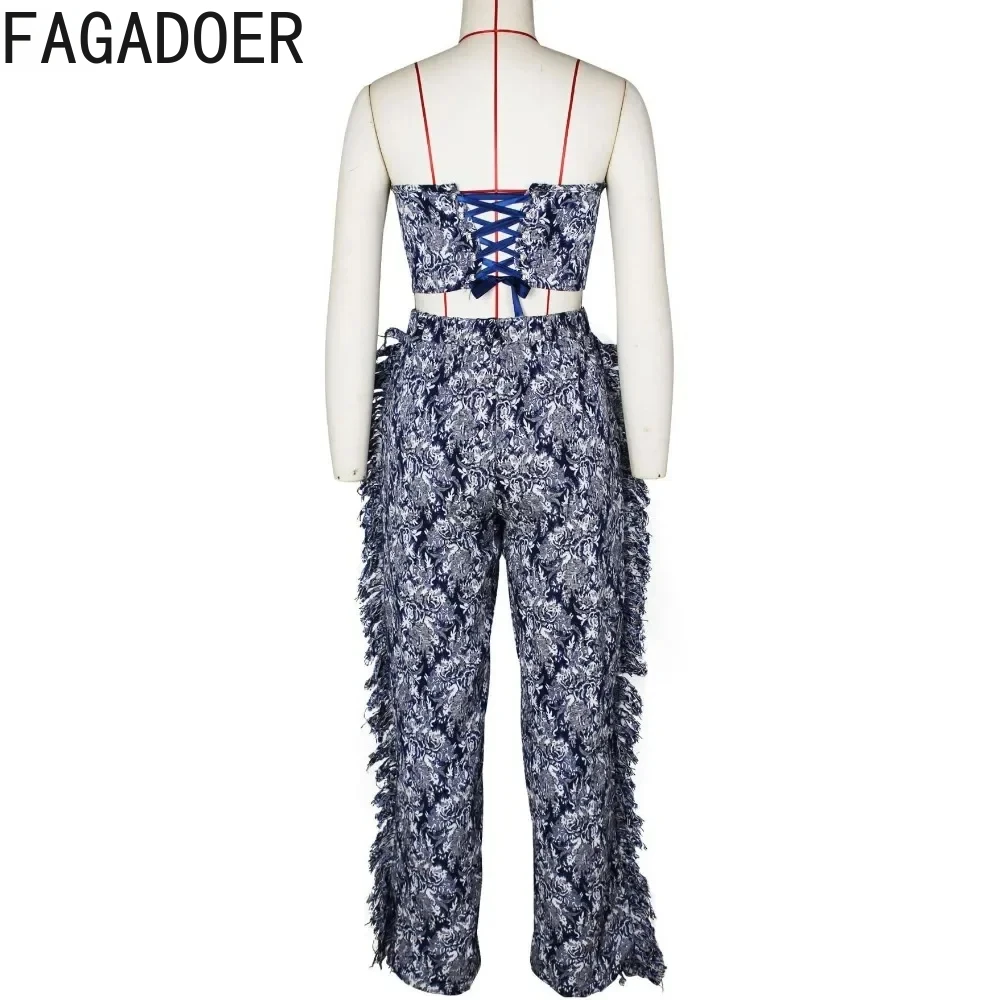FAGADOER Vintage Printing Sexy Tassels Straight Pants Two Piece Sets For Women Lace Up Tube+Trousers Outfits Fashion Streetwear