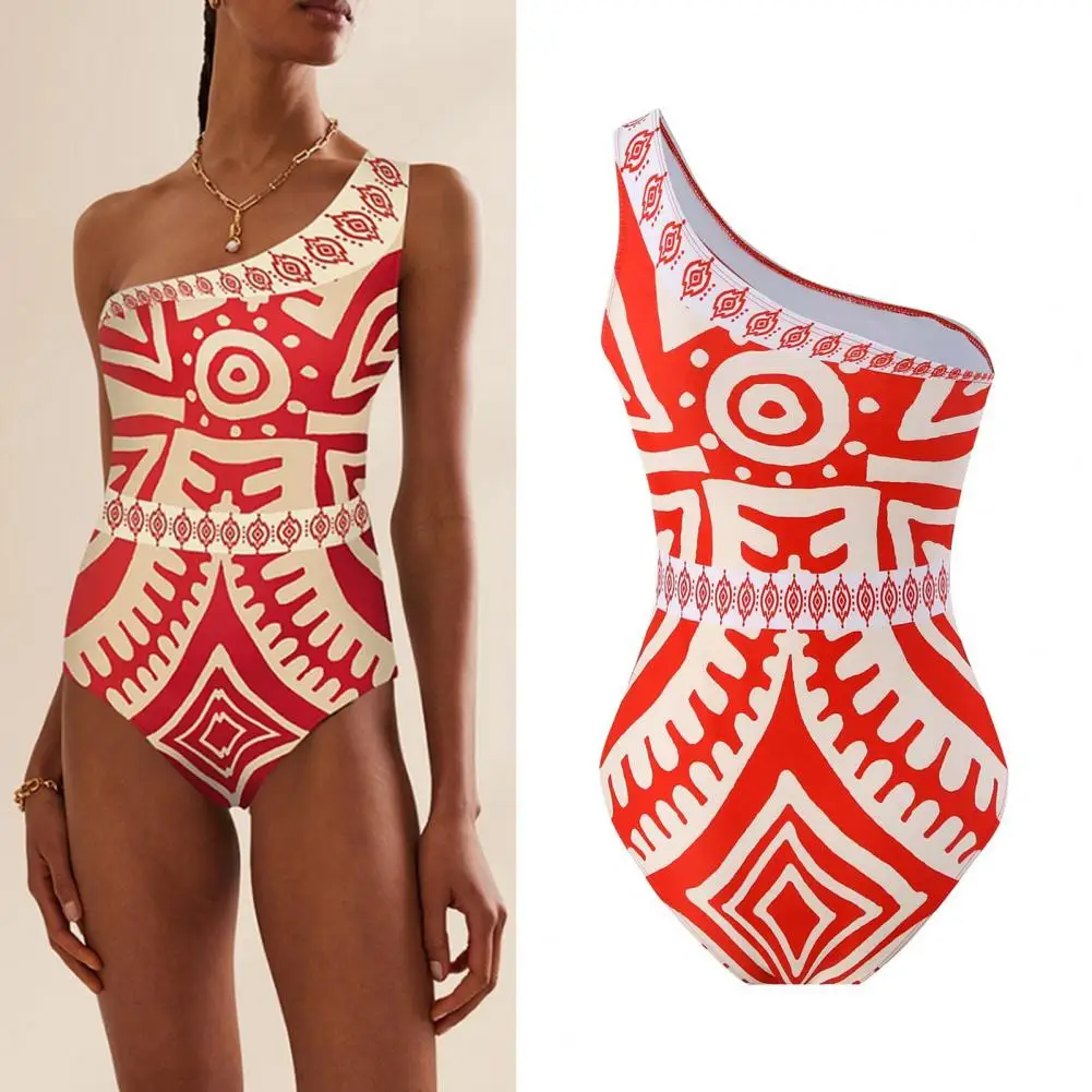 Women One-shoulder Swimsuit Ethnic Print Women's Monokini Pants Set with Conservative One Shoulder Design Wide Leg for A