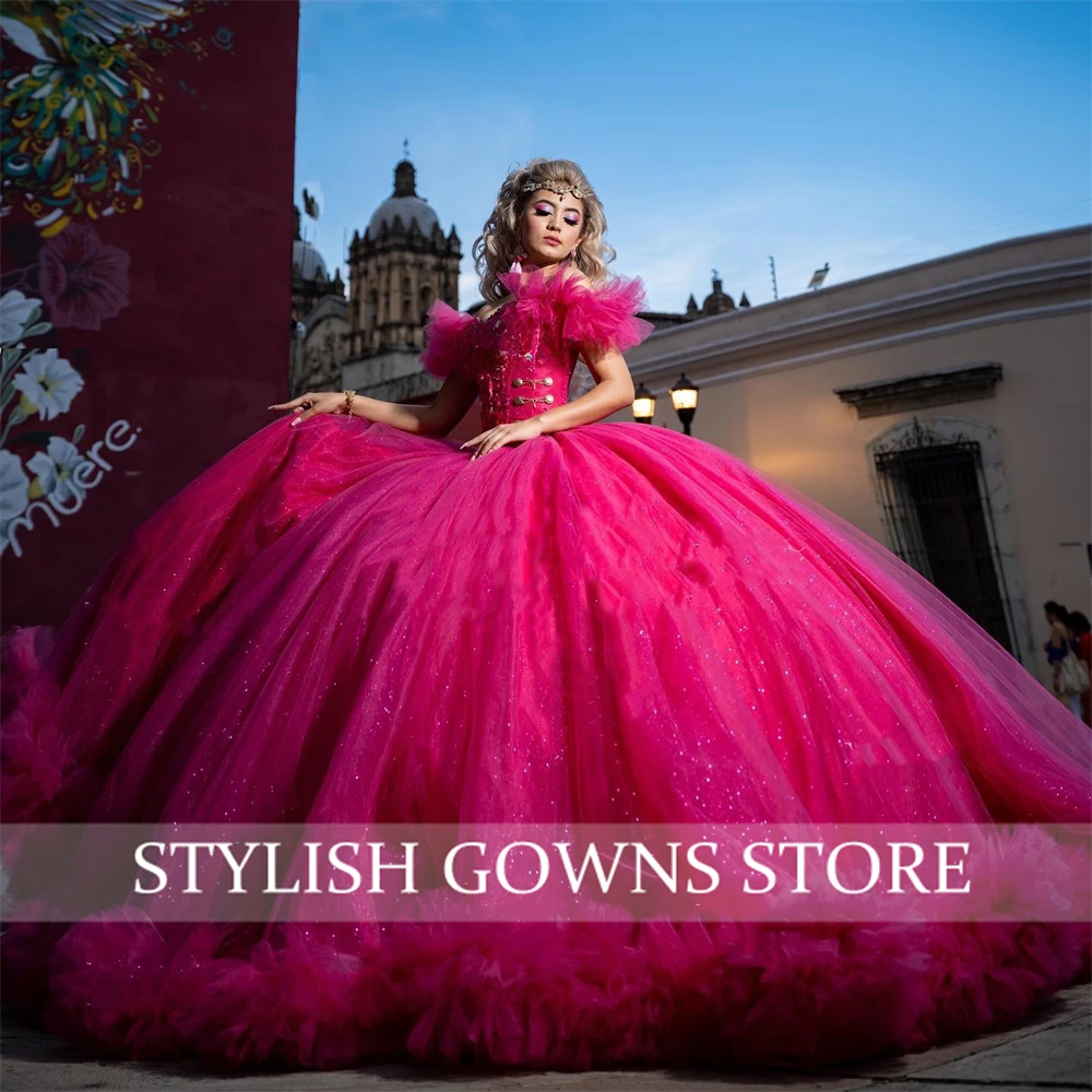 Fushia Off Shoulder Ballkleid Quince anera Kleider Perlen 2024 Geburtstag Luxus kleid abgestufte Rüschen Abschluss kleider 1516