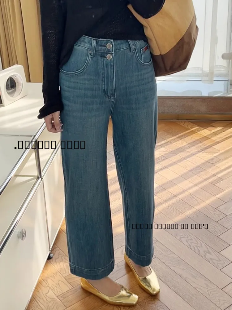 

Ретро джинсы прямого кроя женские, весна 2025, новые, свободные, стройнящие, с двумя пуговицами, широкие брюки, с высокой талией, джинсовая повседневная одежда